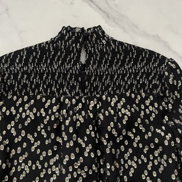 Milly Vicky Gold Metallic Dot Clip Blouse Smocked Black Sz S Cocktail Party Top - Picture 9 of 12